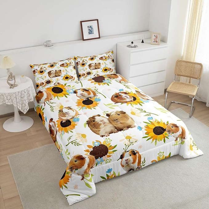 Castle Fairy Guinea Pig Comforter Set Twin Size,Sunflower Floral Leaves Botanical Bedding Set 2Pcs for Kids Girls Boys Adult Room Decor,Cute Pet Animals Quilt Set White Soft Duvet Insert,1 Pillowcase