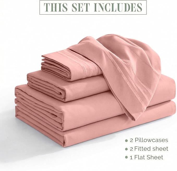 Elegant Comfort Luxurious 1500 Premium Hotel Quality Microfiber Three Line Embroidered Softest 5-Piece Bed Sheet Set, Wrinkle and Fade Resistant, Split King, Dusty Rose