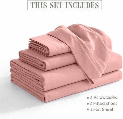 Elegant Comfort Luxurious 1500 Premium Hotel Quality Microfiber Three Line Embroidered Softest 5-Piece Bed Sheet Set, Wrinkle and Fade Resistant, Split King, Dusty Rose
