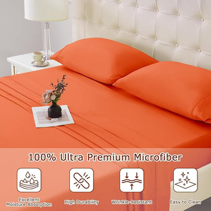 California King Size Bed Sheet Set - 4 Piece Soft Microfiber Sheets with Deep Pockets, Cooling Technology, and Wrinkle-Free Pillowcase. Hotel-Quality, Durable Bedding, Bright Orange