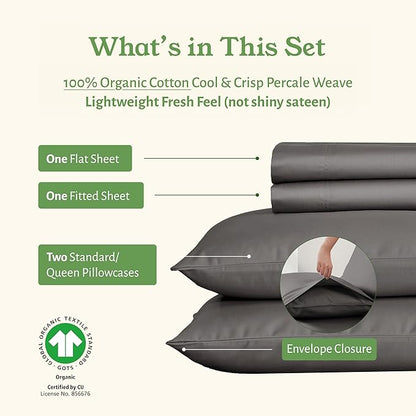 California Design Den Queen Size Sheets - Soft 100% 100% Organic Cotton Sheets with Deep Pockets, Crisp Percale, Breathable and Durable Bedding Set - Grey