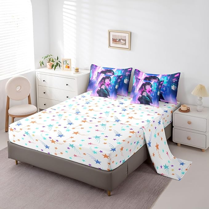 Erosebridal 7 Piece Anime Girl Comforter Set with Sheet Full Size, Kawaii Japanese Anime Bedding Set for Kids Boys Teens Adult Women, Cartoon Girl Bed in a Bag Japan Animation Bedroom Decor