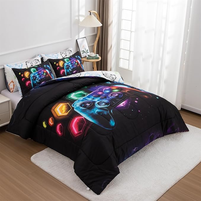 Aimuan Gamer Gaming Bedding Sets 3D Gamepad Comforter Sets for Boys Games Console Action Buttons Novelty Colorful Game Controller Modern Room Decor Home Quilt Set (Black-Multi, Queen 3PCS)