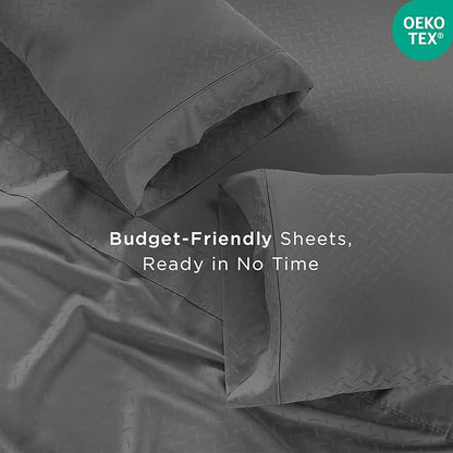 Threadmill Cotton Twin Sheet Set | 100% Cotton Sheets for Twin Size Bed | Damask Jacquard Sateen Twin Bed Sheets Set with 16” Deep Pocket | Soft Breathable 3-Piece Cooling Sheet Set | Dark Grey