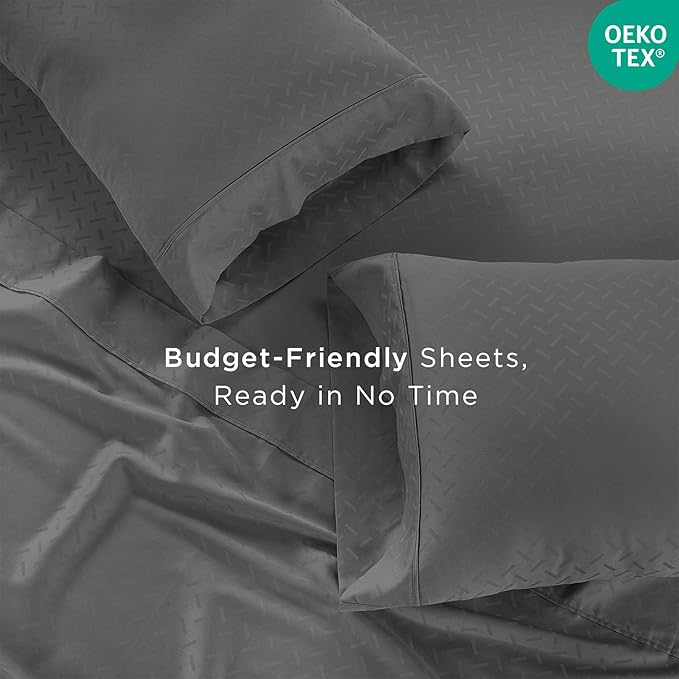 Threadmill 100% Cotton Sheets for King Size Bed | 4 Pc King Bed Sheets Set | Soft, Breathable Lightweight Damask Sateen for All-Season Use | Snug Fit Elastic Deep Pocket King Sheets | Dark Grey