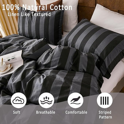 Merryword Black and Gray Striped Duvet Cover Set King Size - 100% Cotton Bedding Set with Zipper & Corner Ties, 3-Piece Luxury Linen Like Bedding Set for All Seasons
