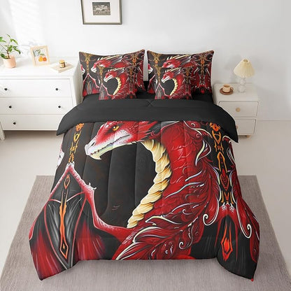 Erosebridal 3D Dragon Bed in a Bag Queen Comforter Set 7 Piece,Vintage Gothic Red Dragon Bedding Sets Antique Wildlife Mythical Animal Sheet Set with Comforter