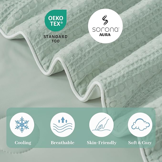 Amélie Home Waffle Cooling Comforter Queen Size, Q-Max 0.45 Reversible Lightweight Cooling Blanket for Hot Sleepers, Breathable Bedding for Night Sweats, 90"x90", Sage Green