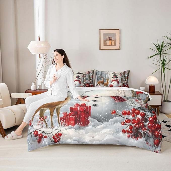 Castle Fairy Winter Snowman Comforter Set Full Size 7 Pcs,Merry Christmas Theme Bedding Set for Girls Teens Bedroom Decor,Wild Breds Trees Deer Bed in a Bag with Comforter,Sheets and Pillow Cases