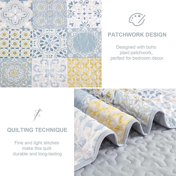 Dobuyly King Size Quilt Set 3 Pieces, Blue/Yellow/Grey Patchwork Bedspreads, Boho Summer Coverlet Set, Soft Lightweight Microfiber Bedding Set for All Seasons 110"x90"