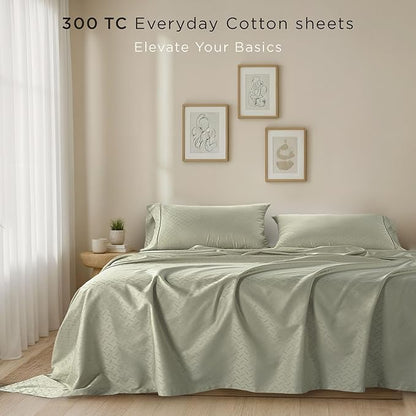 Threadmill 100% Cotton Sheets for King Size Bed | 4 Pc King Bed Sheets Set | Soft, Breathable Lightweight Damask Sateen for All-Season Use | Snug Fit Elastic Deep Pocket King Sheets | Sage Green