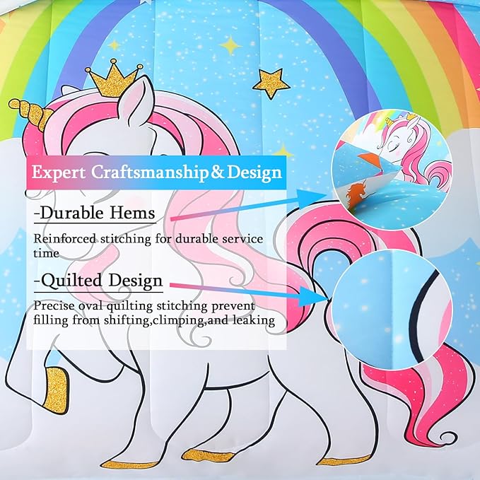 JQinHome Unicorn Full Bedding Sets for Girls Kids,8 Piece Bed in A Bag 3D Blue Sky Rainbow Clouds Theme Unicorn Comforter Set with Sheet Set(Blue)