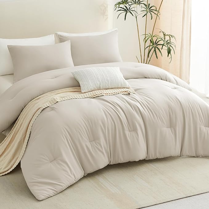 CozyLux King Size Comforter Set Oatmeal, 3 Pieces Solid Comforters King Size Breathable Quilted Bedding Sets, Luxury Soft Lightweight Bed Set with Down Alternative Comforter and 2 Pillowcases