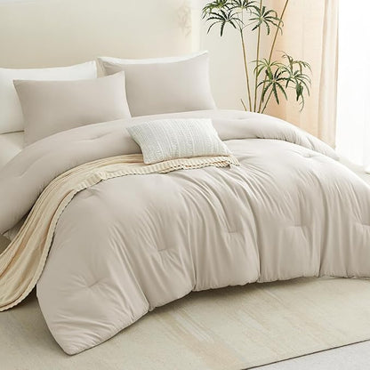 CozyLux King Size Comforter Set Oatmeal, 3 Pieces Solid Comforters King Size Breathable Quilted Bedding Sets, Luxury Soft Lightweight Bed Set with Down Alternative Comforter and 2 Pillowcases