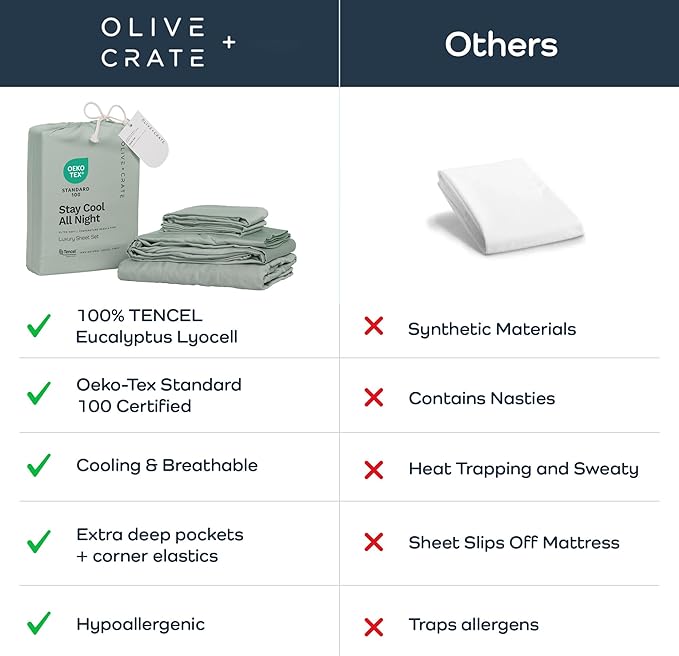 Olive + Crate Tencel Lyocell Eucalyptus Queen Size Sheet Set - Cooling Tencel Sheets for Hot Sleepers with 18 Inch Deep Pocket Fit - Spring Sage 4-Piece Set