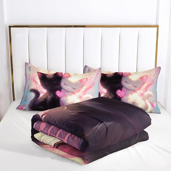 Cute Cat Comforter Set Queen Pink Black Cat Bedding Sets 3PCS for Kids Teen Adult Kawaii Room Decor Ultra-Soft Lightweight Microfiber 1 Comforter with 2 Pillowcases