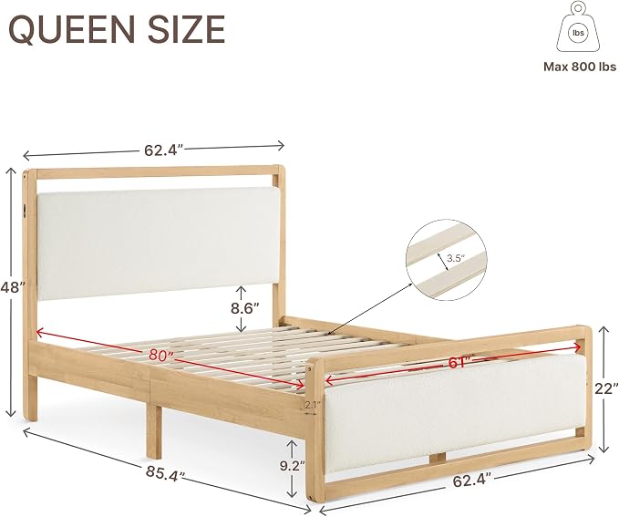 KISLOT Wood Bed Frame, with USB Headboard & Footboard, Cream, Queen | Mattress Foundation, Strong Wooden Slat Support, Noise-Free, No Box Spring Needed, Easy Assembly