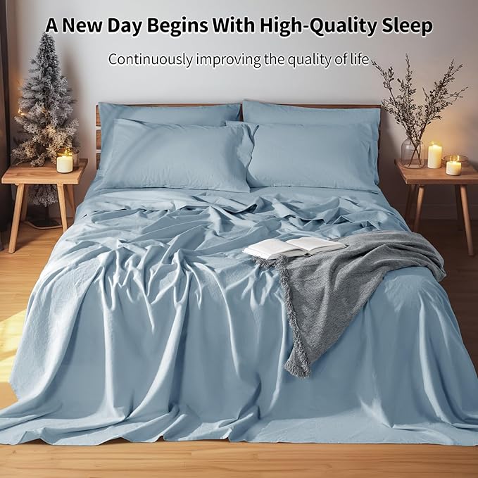 LBRO2M 100% Pure Linen Sheet Set Deep Pocket Up to 16" Bed Sheets Sets, Natural Flax Beddings Soft, Breathable, Comfortable for All Seasons 6 Pcs Sheet Set King Size, Dusty Blue