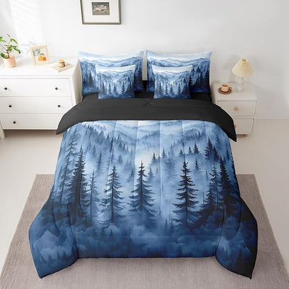 Erosebridal Boys Blue Forest Queen Comforter Set with Sheets 7 Piece,Rustic Woodland Pine Tree Bedding Set,Jungle Smoky Mountain Bed in A Bag for Kids Adults Men Retro Natural Landscape Bed Set