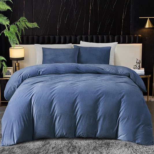 Ivellow Velvet Duvet Cover King Set Blue Comforter Cover 3Pcs Ultra Soft Cover Breathable Solid Luxury Flannel Velour Duvet Cover Zipper Closure Corner Tie
