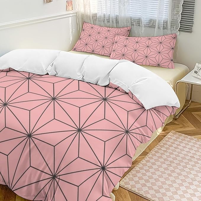 INFLAG Anime Bedding Set, 3-Piece Anime Duvet Cover Full Size Ultra Soft Breathable 3D Printed Microfiber Comforter Cover, Cartoon Quilt Cover, Teen Comforter Cover with 2 Pillowcases (Full,Pink)