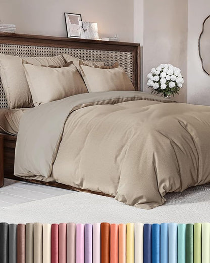 Duvet Cover Full Size Set - Extra Soft Full Duvet Cover 80" x 90" with 2 Pillow Shams - Hotel Luxury, Easy Care & Fade Free with Zipper Closures and Ties - Comfy, Cozy & Breathable (Heathered Beige)