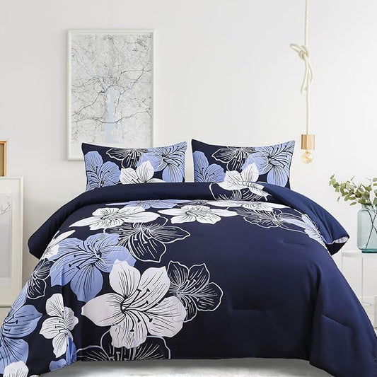 Menghomeus California King Comforter Set Navy Blue Floral Bedding Comforter Sets - Soft Microfiber Bed Set for All Season 3 Piece Botanical Flowers Comforter, Pillowcases