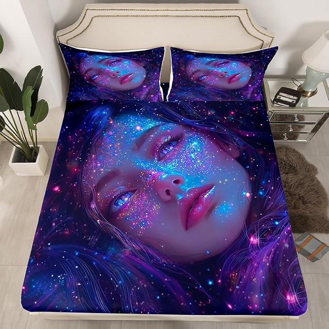 Erosebridal 3D Japanese Girl Fitted Sheet with Glitter Stars Decorations Galaxy Bed Sheets Full Size 3 Pieces Anime Decor Bedding Set, Fashion Anime Gifts for Girls Sheets with 2 Pillowcases