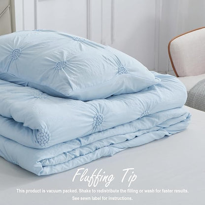 Swift Home Twin/Twin XL Baby Blue Comforter Set - Ruched 3D Floral Pintuck Bedding Set - 2 Pieces Bed Linen, 1 Comforter and 1 Pillow Sham