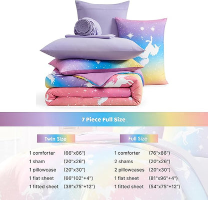 Full Size Comforter Set for Girls-7 Pieces Rainbow Unicorn Full Bedding Sets for Kids, Ultra Soft Bed in A Bag with Sheets