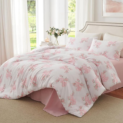 Nayoroom Pink Bow Duvet Cover Queen Size Coquette Pink Floral Duvet Cover 3 Pieces Soft Lightweight Microfiber Girls Cute Aesthetic Dorm Bedding Set
