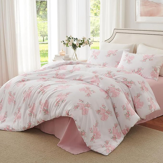 Nayoroom Pink Bow Duvet Cover Queen Size Coquette Pink Floral Duvet Cover 3 Pieces Soft Lightweight Microfiber Girls Cute Aesthetic Dorm Bedding Set