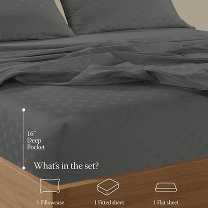 Threadmill Cotton Twin XL Sheet Set | 100% Cotton Sheets for Twin XL Size Bed | Damask Jacquard Sateen Twin XL Bed Sheets Set with 16” Deep Pocket | Soft Breathable 3-Piece Cooling Sheets | Dark Grey