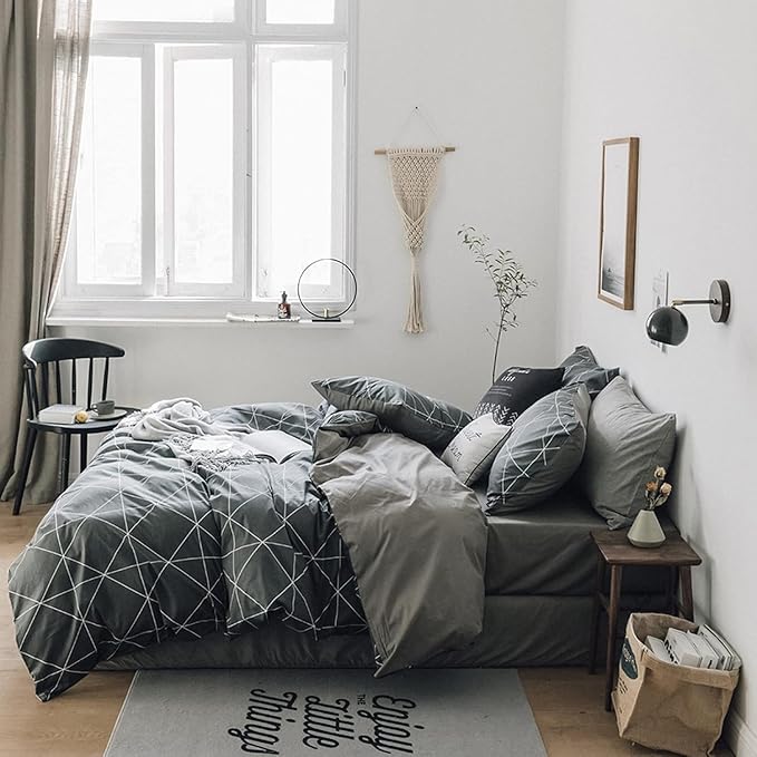 mixinni Full Size Comforter Set Soft Geometric Grey Geometric Checkered Plaid Printed Bedding Comforter for Men Boys, 1 Soft Microfiber Reversible Comforter with 2 Pillowcases for All Seasons
