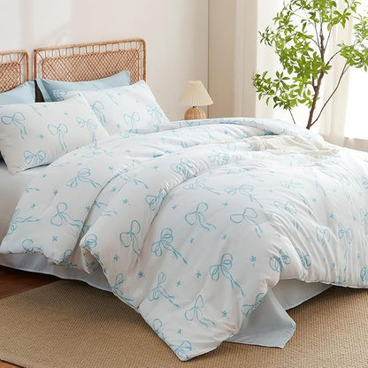 Comforter Set Full Size White - Blue Bow Quilt Bedding Set 3 Pieces, Comforter Set Full, Soft Lightweight Comforter(79‘’ x 90‘’) for Girl All Season & 2 Pillow Cases(30‘’x20‘’)