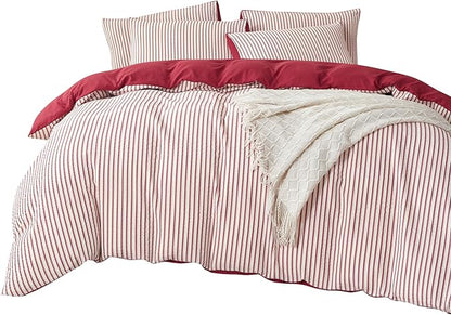 Comforter Set King Size Brick Red Striped Soft Luxury Washed Microfiber Jacquard 3 Pieces White Brick Red Vertical Ticking Stripes Pattern Comforter with 2 Pillowcases Breathable Durable Comfy