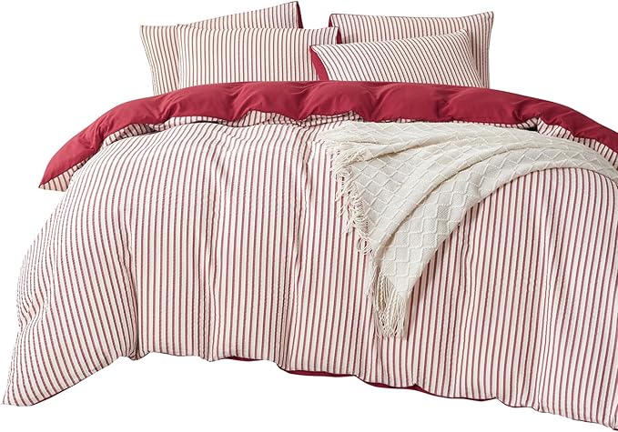 Striped Comforter Queen Brick Red Soft Luxury Washed Microfiber Jacquard 3 Pieces Bedding, White Brick Red Vertical Ticking Stripes Pattern Comforter with 2 Pillowcases Breathable Durable Comfy
