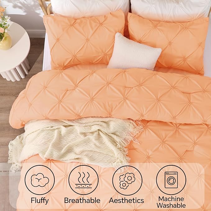 BEDELITE Apricot King Size Comforter Set - 3 Pieces Boho Pintuck Bedding Comforter Sets, Lightweight Soft & Warm King Bedding Set with 2 Pillowcases for All Season