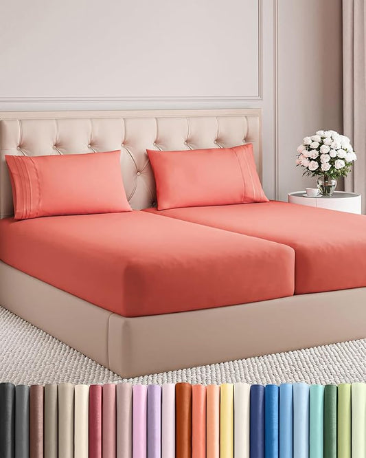 Split King Size 5 Piece Sheet Set - Comfy Breathable & Cooling Bed Sheets Set - Hotel Luxury Bedding for Women, Men, Kids, Teens, Boys & Girls - Deep Pockets, Soft and Wrinkle Free - Oeko-Tex - Coral