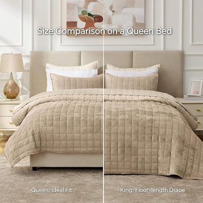 BEDELITE Velvet Quilt Set Queen Size - Luxury Velvet Comforter Bedding Set 3 Pieces, Lightweight Soft Cozy Taupe Oversized Bedspread Coverlet for All Seasons with 2 Pillow Shams