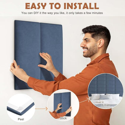 IFNOW Wall Mounted Headboard, Peel and Stick Panels, Navy Blue, King | Upholstered 3D Soundproof Acoustic Panels Reusable and Removable Padded Leather Bed Headboard, 12 Panels 9.84" x 23.62"