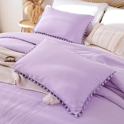 YIRDDEO Queen Comforter Set - Comforter Queen Size Sets with Ball Pom Fringe, Soft Bedding Set for All Seasons - 3 Pieces, 1 Comforter (90"x90") & 2 Pillow Shams (20"x30"), Lavender Purple