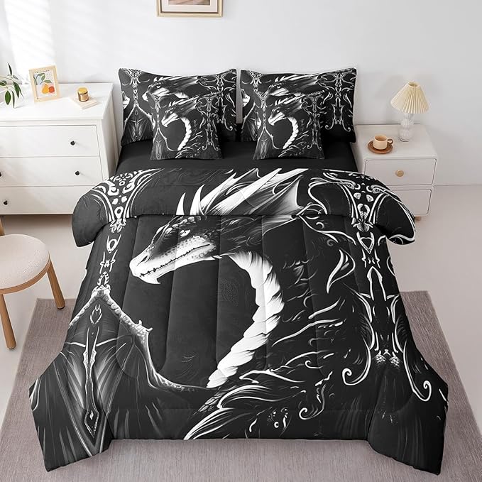 Erosebridal 3D Dragon Comforter Set 7 Piece Bed in a Bag Twin,Vintage Gothic White Black Dragon Bedding Sets Antique Wildlife Mythical Animal Sheet Set with Comforter