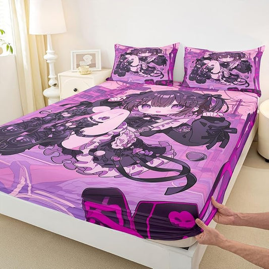 Erosebridal Kawaii Anime Girl Fitted Sheet Full 3D Japanese Style Bed Sheets for Boys Girls Uniform Girls Bed Set Girly Anime Gift Sheets with 2 Pillowcases