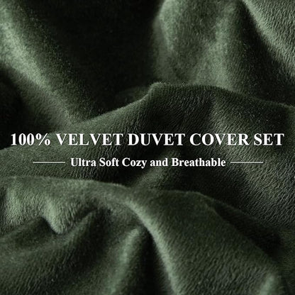 Ivellow Velvet Duvet Cover Queen Set Dark Green Comforter Cover 3Pcs Ultra Soft Cover Breathable Solid Luxury Flannel Velour Duvet Cover Zipper Closure Corner Tie