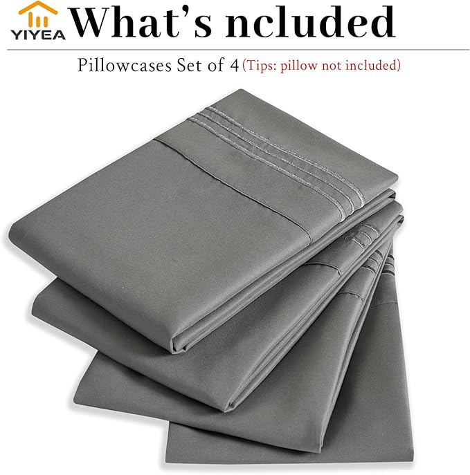 YIYEA Pillow Cases Standard Size Set of 4, Ultra Soft 1800TC Hotel Quality Double Brushed Microfiber Embroidered Pillowcases, Envelope Closure, Fade Resistant (20"x26", Dark Grey)