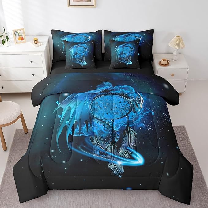 Erosebridal Gothic Dragon Dream Catchers Bed in a Bag King Size Comforter Set 7 Pieces,Blue Galaxy Bohemian Feather Bedding Sets Antique Animal Pterosaur Sheet Set with Comforter