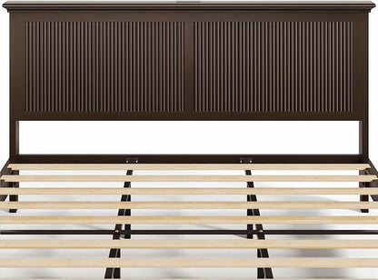 Lifezone King Bed Frame with Headboard, Solid Wood Bed Frame King Size with Charging Station & RGB LED, Wood Slats Support, Noise-Free, Sturdy Structure, Easy Assembly, Walnut