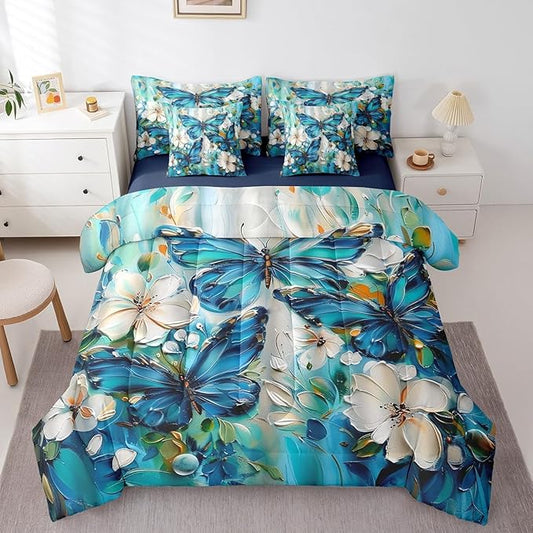 Erosebridal Girls Teal Blue Butterfly Bedding Set Full 7 Piece White Flowers Oil Painting Boho Comforter Set Retro Floral Butterfly Bed in A Bag,Aesthetics Bohemian Sheet Set with Comforter