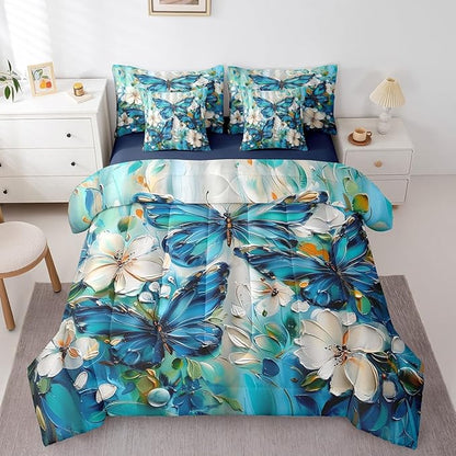 Erosebridal Girls Teal Blue Butterfly Bedding Set King 7 Piece White Flowers Oil Painting Boho Comforter Set Retro Floral Butterfly Bed in A Bag,Aesthetics Bohemian Sheet Set with Comforter